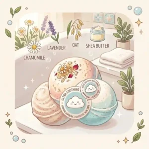 A graphic highlighting the chemical-free and hypoallergenic properties of gentle bath bombs for sensitive skin types.