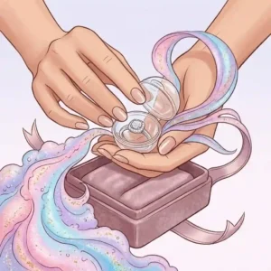 Stylized illustration of a luxury jewelry bath bomb packaged in an elegant gift box with a satin ribbon.