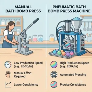 A comparison infographic highlighting production speed and effort differences between a manual mold and an electric bath bomb press machine.