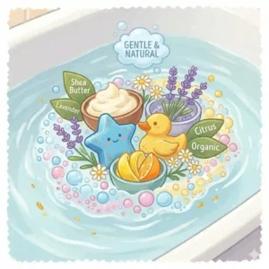 A conceptual illustration showing gentle, organic ingredients like shea butter and essential oils used in childrens bath bombs.
