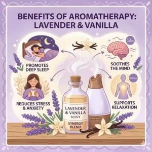 An illustration of a modern room diffuser releasing a calming lavender and vanilla scent mist next to a cozy bed.