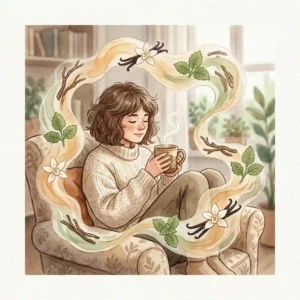 A cozy watercolor illustration of a person relaxing surrounded by a gentle swirl of vanilla and patchouli fragrance notes.