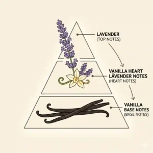 A clean illustrative diagram of a scent pyramid, mapping out the fresh lavender top notes and warm vanilla base notes of the fragrance.