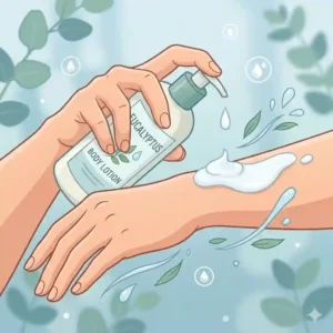 A graphic showing a person gently applying smooth eucalyptus lotion onto their hands and arms.