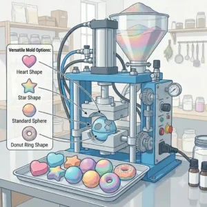 Graphic showcase of various interchangeable molds available for a commercial bath bomb press machine, including heart and donut shapes.