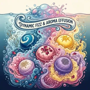 An illustration showing a colorful bath bomb set item dissolving and fizzing in warm tub water.