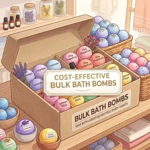 An illustration of bulk bath bombs packed in biodegradable, eco-friendly shipping boxes.