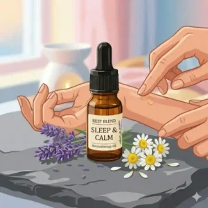 Close up of hands gently massaging calm essential oil diluted with a carrier oil onto the wrists, applying calm essential oil.