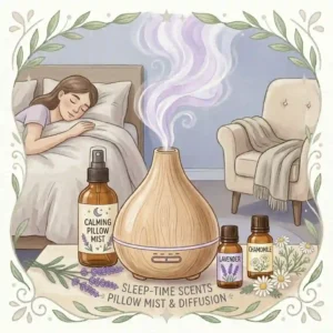 An illustration of a nightstand with a pillow spray bottle, showcasing how to use calming scents for sleep.