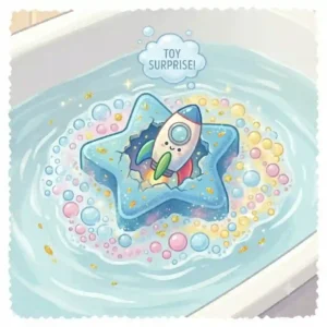 A fun illustration of a dissolving bath bomb revealing a hidden toy surprise inside for kids, perfect for showcasing the magic of childrens bath bombs.