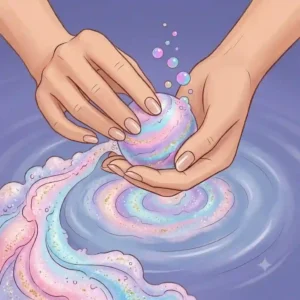 Line art illustration of a hand placing a colorful jewelry bath bomb into a warm, filling bathtub.