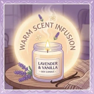 A glowing, lighted soy candle infusing a living space with a warm lavender and vanilla scent.