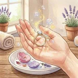 A close-up shot of a hand holding a sparkling silver ring just recovered from dissolved bath balls with rings.