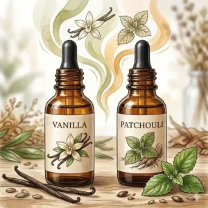 A digital sketch of amber glass essential oil droppers labeled vanilla and patchouli with natural plant elements.