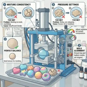 An instructional illustration showing the ideal powder moisture levels for successful molding with a bath bomb press machine.