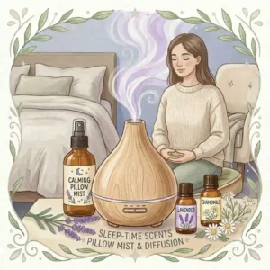 Illustration of a person meditating while inhaling calming scents from a candle to relieve stress.