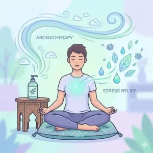 An abstract illustration representing the calming aromatherapy and stress relief effects of a eucalyptus lotion.