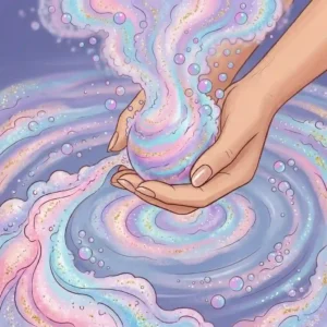 Colorful illustration of a swirling, fizzing jewelry bath bomb releasing bubbles and aromatic essential oils in bathwater.