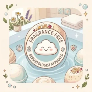 An illustration of a scent-free option, emphasizing no artificial dyes or synthetic perfumes in these bath bombs for sensitive skin to prevent irritation.
