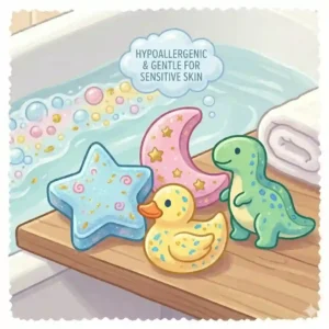 A gentle illustration highlighting sensitive skin approval and tear-free formulas for childrens bath bombs.
