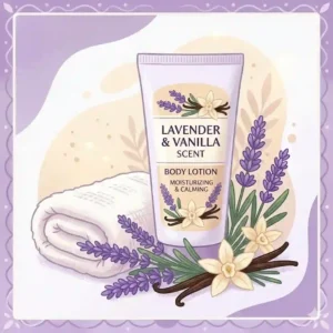 A cream lotion tube labeled lavender and vanilla scent, placed next to a soft towel and fresh purple flowers.