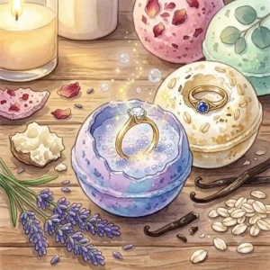 Handmade aromatherapy bath balls with rings surrounded by raw shea butter and dried lavender petals.