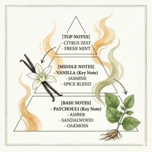 A fragrance notes pyramid diagram showcasing the scent profile of vanilla and patchouli.