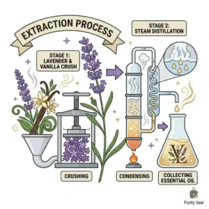 A technical vector illustration showing steam distillation extraction and collection of essential oil for a pure vanilla lavender fragrance.