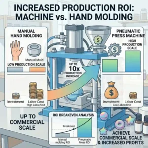 A bar chart demonstrating the increase in hourly output when upgrading to a semi-automatic bath bomb press machine.