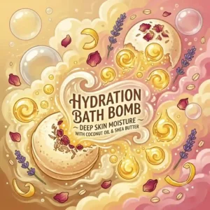 A close-up illustration of a moisturizing bath bomb set infusing bathwater with hydrating oils for soft skin.