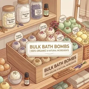 A stylized drawing of multiple bulk bath bombs dissolving with a fizzy effect in a tub.