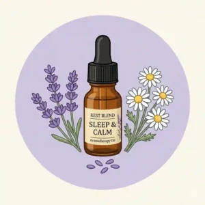 A flat lay grouping of common botanical blends like Lavender and Chamomile, ingredients for calm essential oil blend.