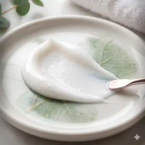 A close-up illustration of a creamy, lightweight swipe of white eucalyptus lotion.