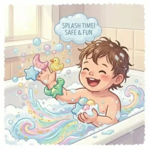 An illustration of a happy toddler laughing and playing with colorful bubbles created by childrens bath bombs.