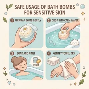 A step-by-step infographic showing how to safely enjoy bath bombs for sensitive skin, including rinsing with fresh water afterward.