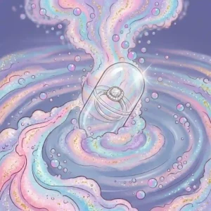 Illustration of a floating, water-resistant capsule emerging from the colorful bath bomb foam to reveal a hidden prize.