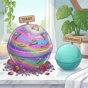 A side-by-side scale comparison of an extra-large bath balls with rings next to a standard size bathtub fizzie.