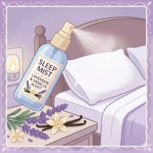 A mist spray bottle releasing a gentle lavender and vanilla scent onto an organized white pillow for sleep wellness.
