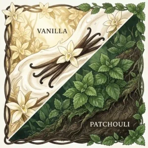 A conceptual illustration contrasting the sweet aroma of vanilla and patchouli earthy notes.