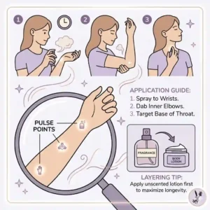 An instructional guide graphic showing key pulse point application spots and layering advice for a vanilla lavender fragrance.