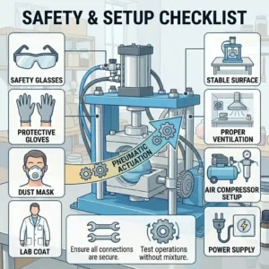 An icon checklist highlighting safety gear and proper ventilation required when operating a pneumatic bath bomb press machine.