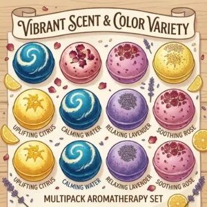 A vibrant lineup of various colorful spheres from a multi-scented bath bomb set to showcase aromatherapy options.