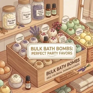A stylized illustration of handmade bulk bath bombs surrounded by their natural ingredients.