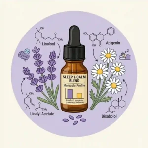 Scientific diagram showing the molecular chemical structure of linalool found in calm essential oil variants, calm essential oil chemistry.