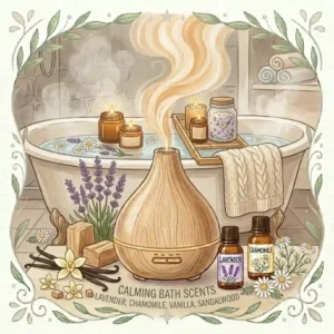A relaxing bathtub illustration surrounded by bath oils and candles infused with calming scents.