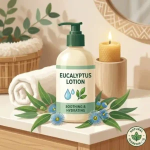 An illustration of a self-care vanity setup featuring a natural eucalyptus lotion bottle alongside a face towel and candle.