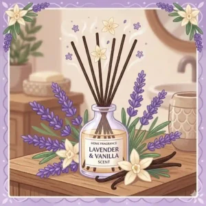 A glass reed diffuser releasing a continuous lavender and vanilla scent on a wooden bathroom vanity.