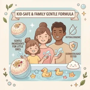 A playful illustration showing mild and soothing bath bombs for sensitive skin being used safely in a bath for children.