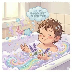 A calming illustration of a child relaxing in a lavender-scented bath, featuring soothing childrens bath bombs for bedtime.