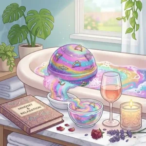 A peaceful self-care setup featuring a book, a wine glass, and swirling colorful foam from bath balls with rings.